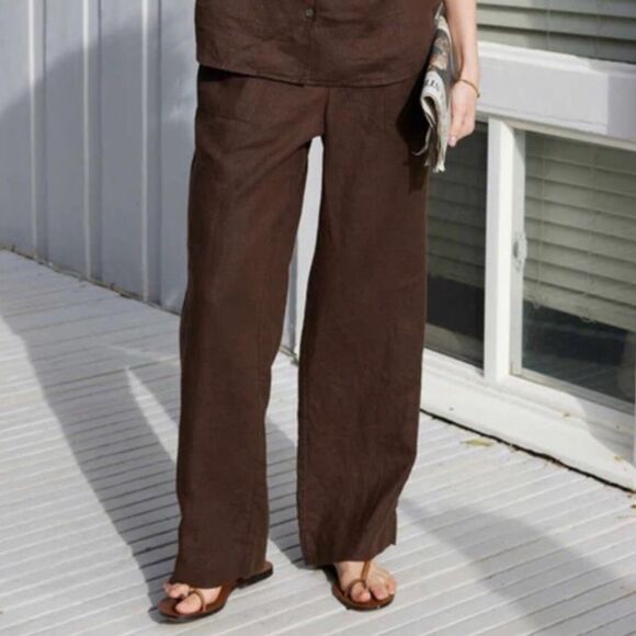 AYR The Tourist Linen Pants Womens L Elastic Waist Sicilian Umber Brown Resort - Picture 2 of 14
